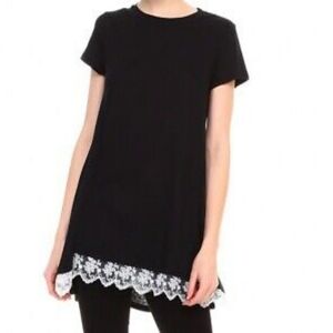 Sanifer Lace Trim Tunic Top Short Sleeve Size Large Black and White A Line